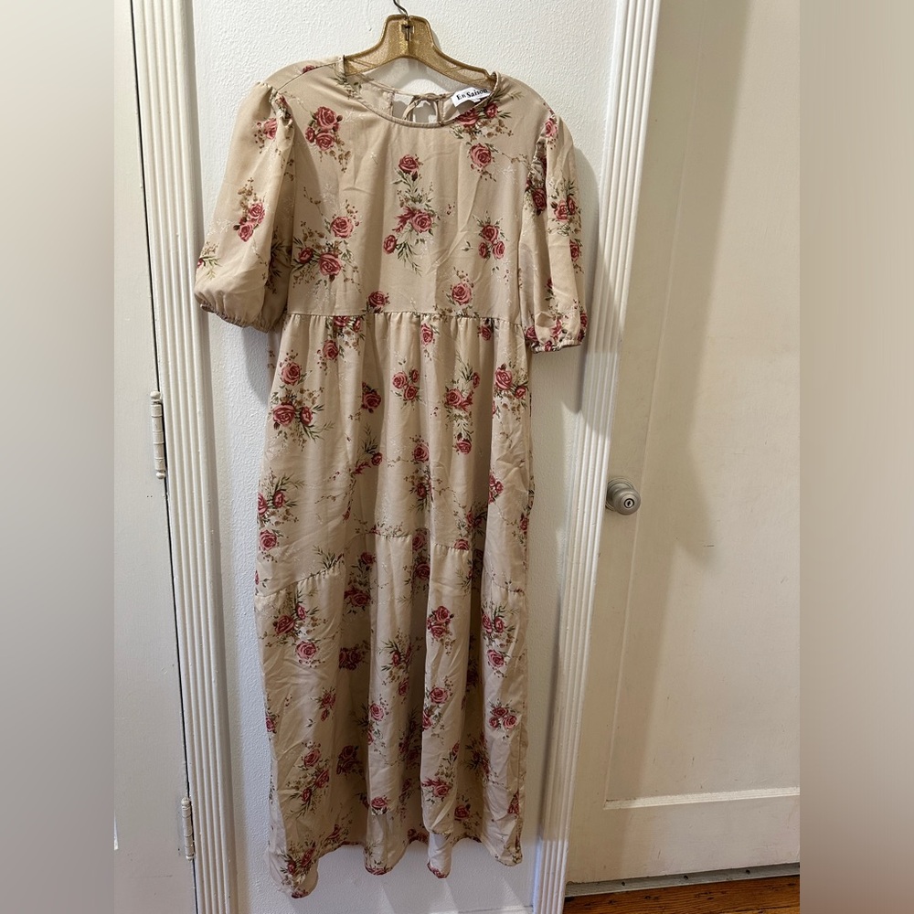 En Saison Cream and Pink Rose Puff Sleeve Maxi Dress with Pockets Size Small